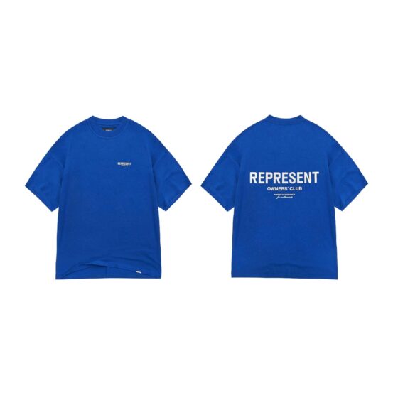 Cobalt REPRESENT OWNERS CLUB T-shirt with a crew neck and short sleeves displayed on a flat surface.