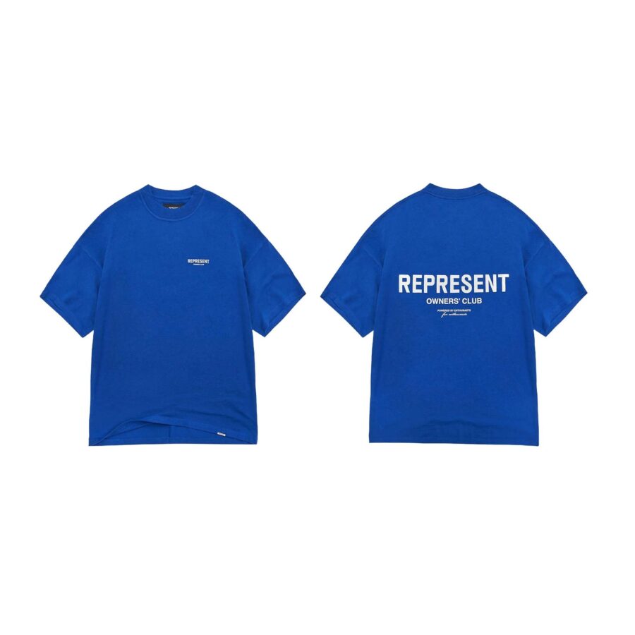 Cobalt REPRESENT OWNERS CLUB T-shirt with a crew neck and short sleeves displayed on a flat surface.