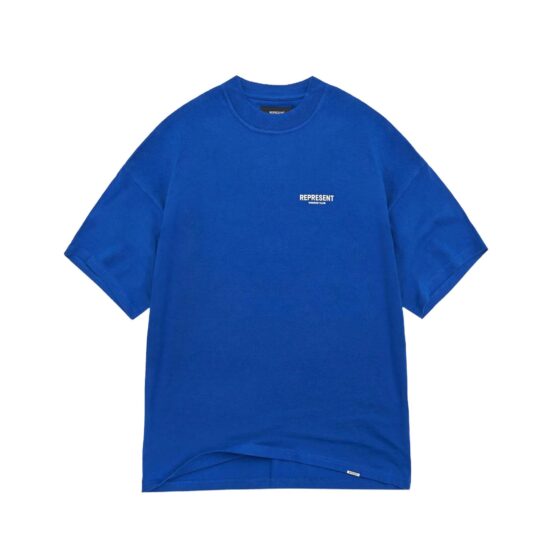 Cobalt blue REPRESENT OWNERS CLUB T-shirt featuring a crew neck and short sleeves from central.ae.