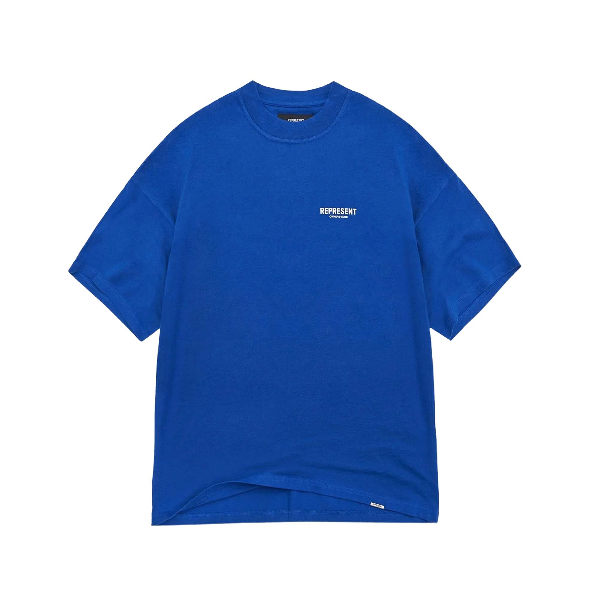 Cobalt blue REPRESENT OWNERS CLUB T-shirt featuring a crew neck and short sleeves from central.ae.