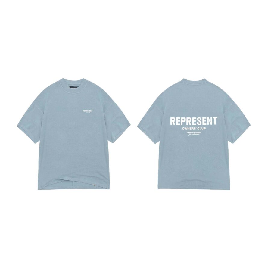 Light powder blue REPRESENT OWNERS CLUB T-shirt featuring a relaxed fit and logo design on the front.