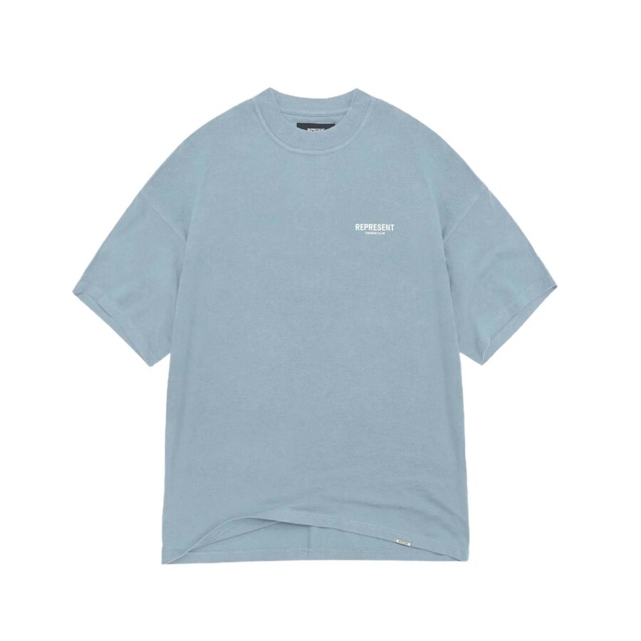 Powder blue REPRESENT OWNERS CLUB T-shirt featuring a relaxed fit and logo design by central.ae.