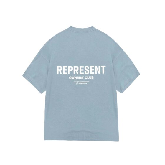 Powder blue REPRESENT OWNERS CLUB T-shirt displayed on a flat surface with a relaxed fit and crew neckline.