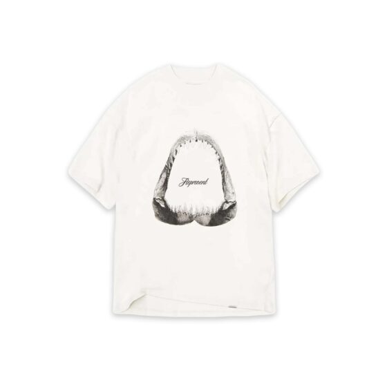 Flat white Represent Shark Jaws T-shirt featuring a bold graphic design of shark jaws on a classic crewneck style.