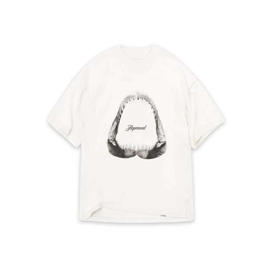 Flat white Represent Shark Jaws T-shirt featuring a bold graphic design of shark jaws on a classic crewneck style.