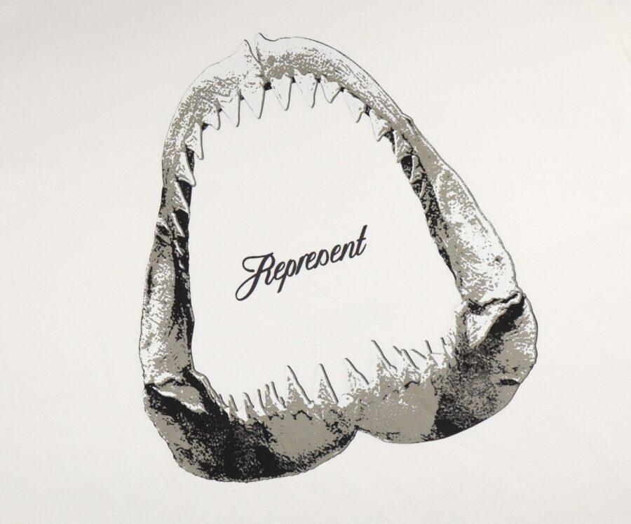 Flat white Represent Shark Jaws T-shirt featuring a bold graphic design on soft cotton fabric.