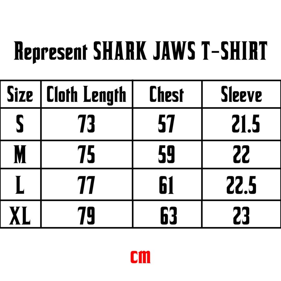 Flat white Represent Shark Jaws T-shirt featuring a bold graphic design of shark jaws on a classic crewneck style.