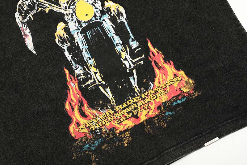 Faded M size Represent' Never Ride Faster t-shirt in a relaxed fit, showcasing a stylish graphic design.