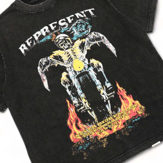 Faded M size Represent' Never Ride Faster tee featuring a stylish graphic design in soft fabric.