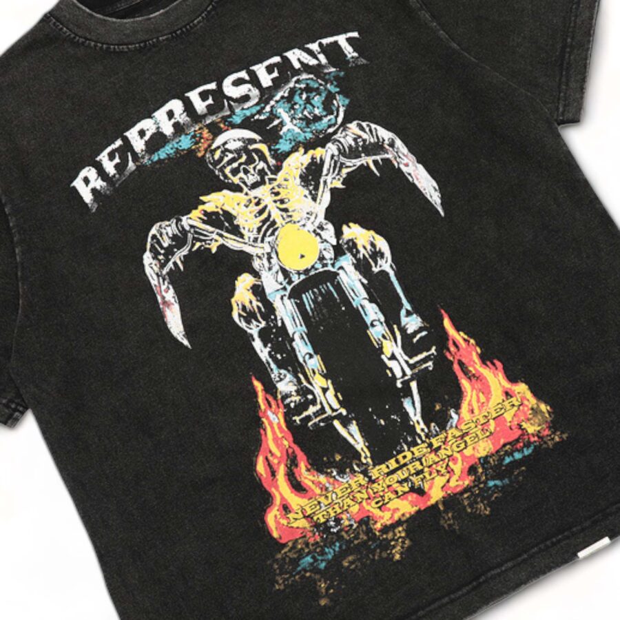 Faded M size Represent' Never Ride Faster tee featuring a stylish graphic design in soft fabric.