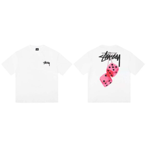 Stussy Fuzzy Dice Tee featuring a colorful graphic print on a relaxed fit t-shirt in soft fabric.
