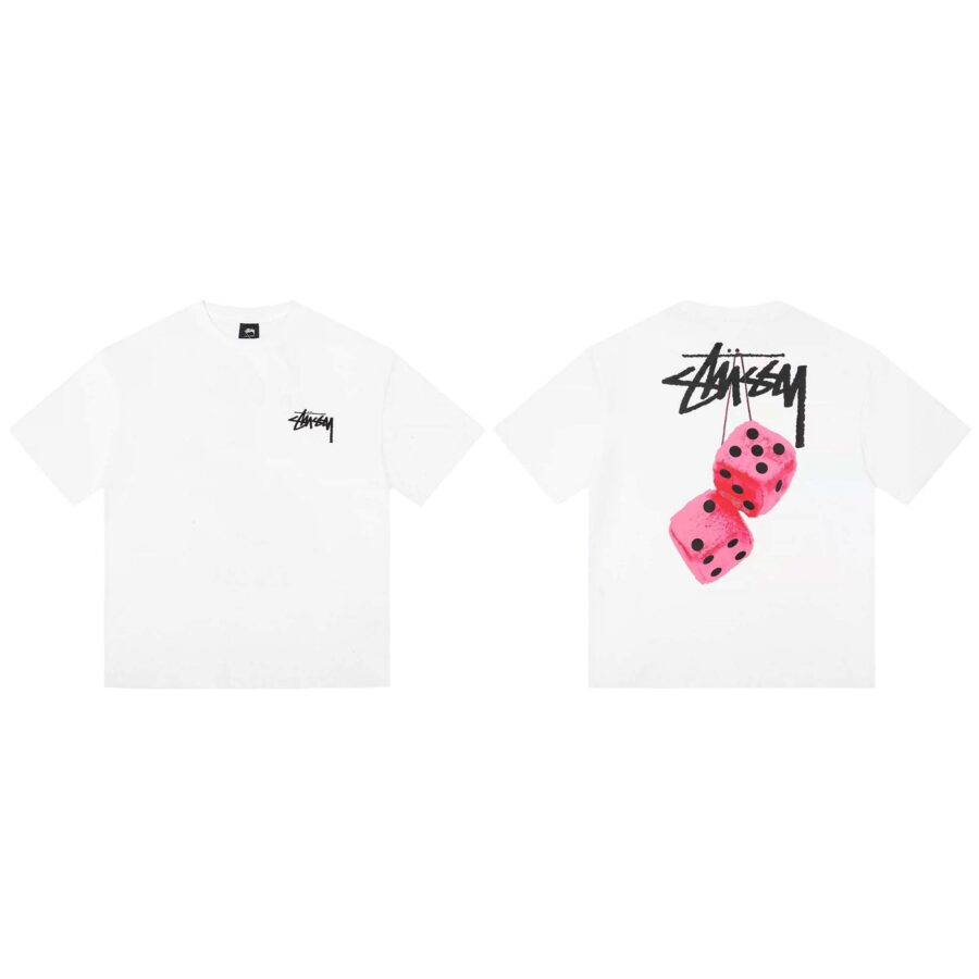 Stussy Fuzzy Dice Tee featuring a colorful graphic print on a relaxed fit t-shirt in soft fabric.