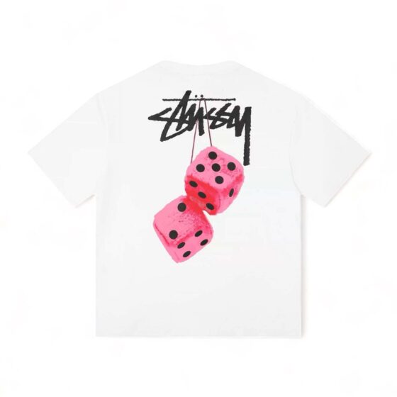 Stussy Fuzzy Dice Tee featuring a graphic print on a casual black T-shirt from Central ae.