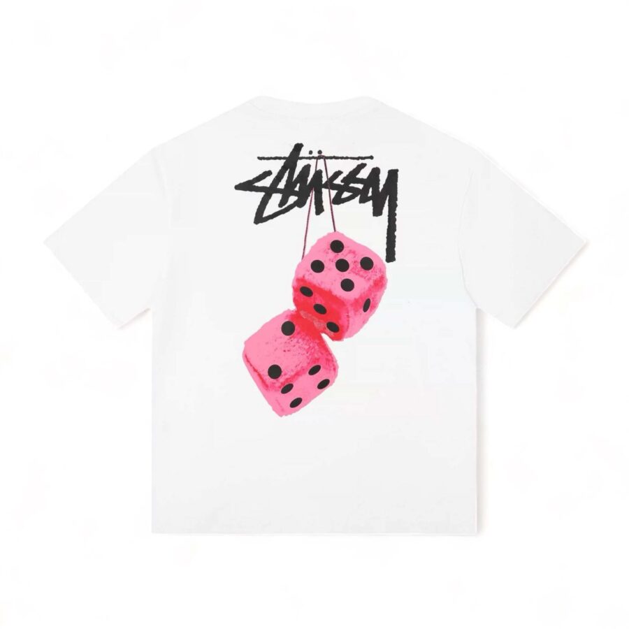 Stussy Fuzzy Dice Tee featuring a graphic print on a casual black T-shirt from Central ae.