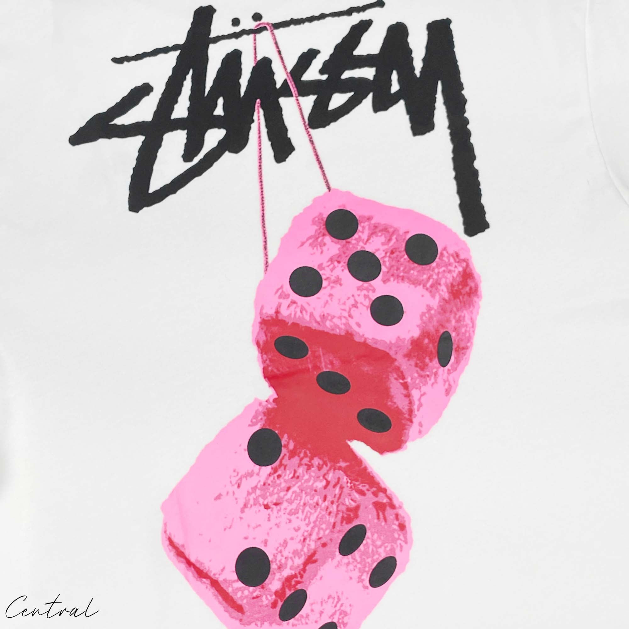Stussy Fuzzy Dice Tee featuring a graphic design on a casual black t-shirt from Central ae, displayed on a plain background.