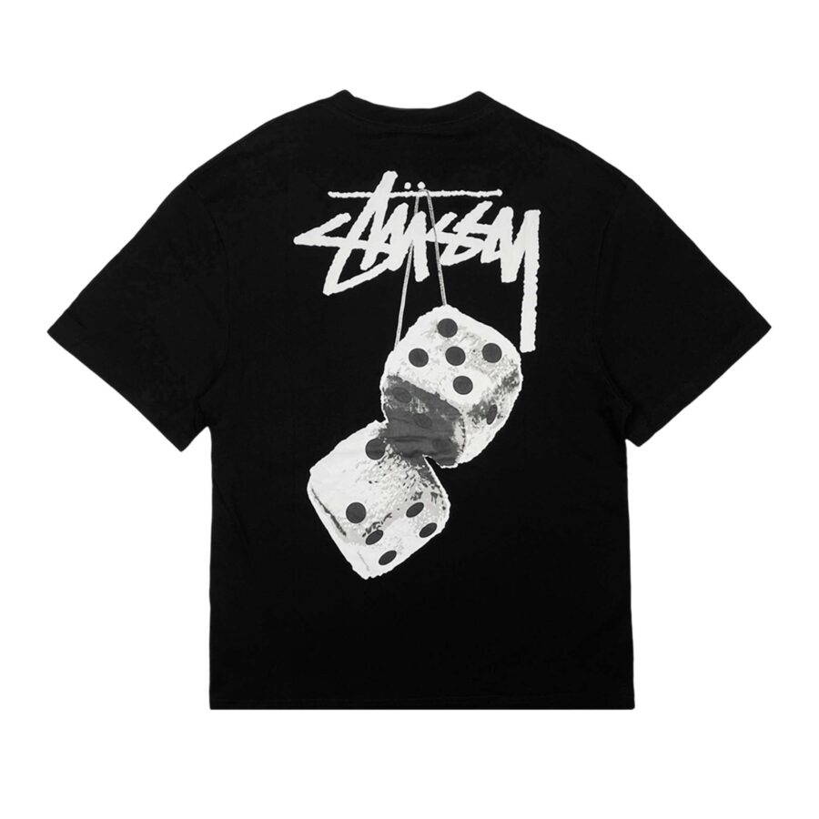Black Stussy Fuzzy Dice T-shirt featuring a playful graphic design and relaxed fit, perfect for casual wear.