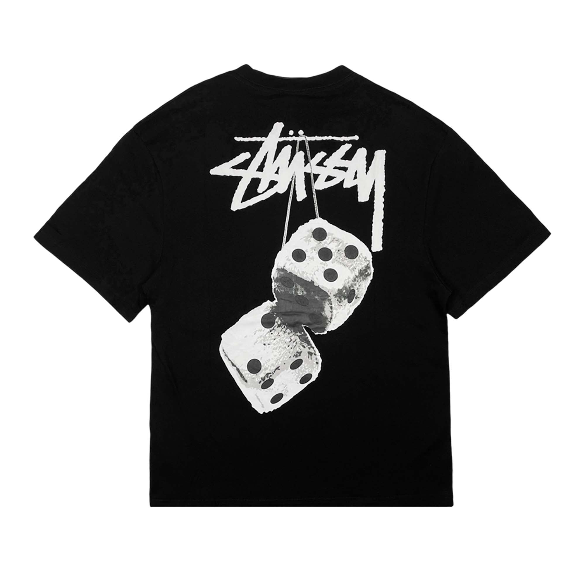 Black Stussy Fuzzy Dice T-shirt featuring a playful graphic design and relaxed fit, perfect for casual wear.
