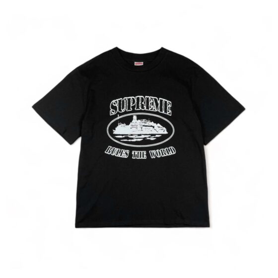 Central AE Sup Corteiz Rules The World Tee in black with bold graphic print on the front.