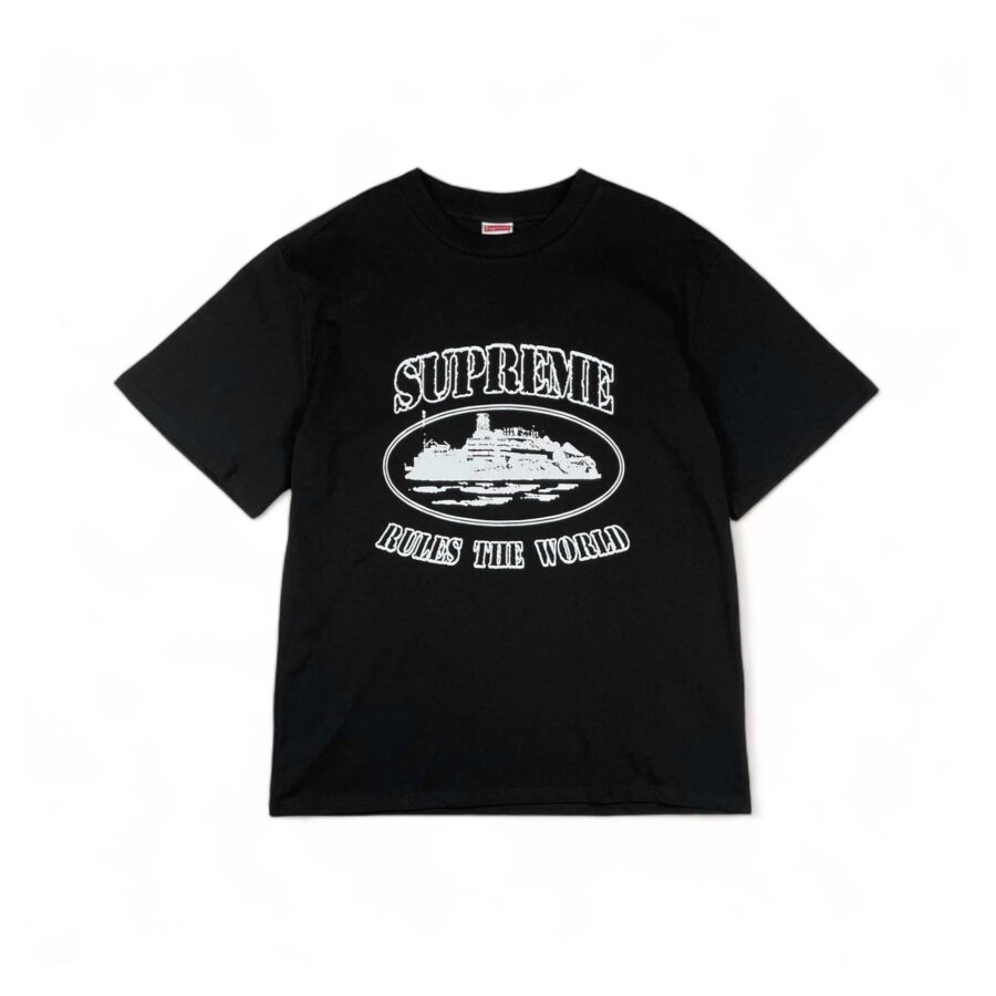 Central AE Sup Corteiz Rules The World Tee in black with bold graphic print on the front.