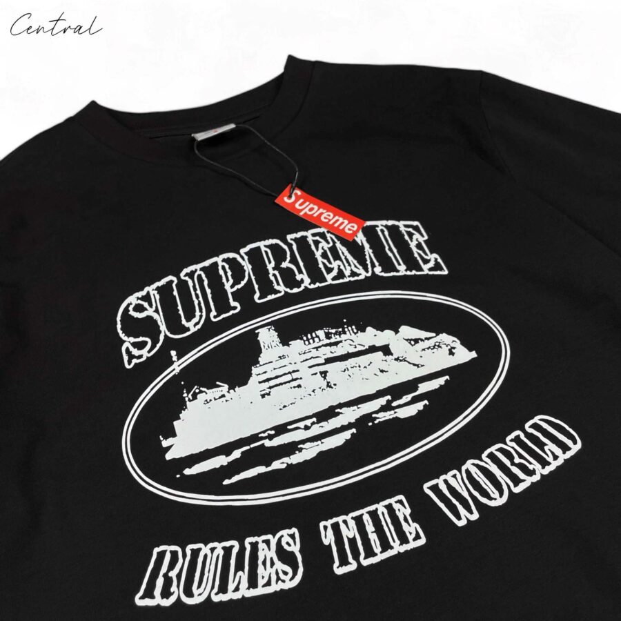 Sup Corteiz Rules The World Tee in black, featuring bold graphic text on a casual short-sleeve t-shirt by central ae.