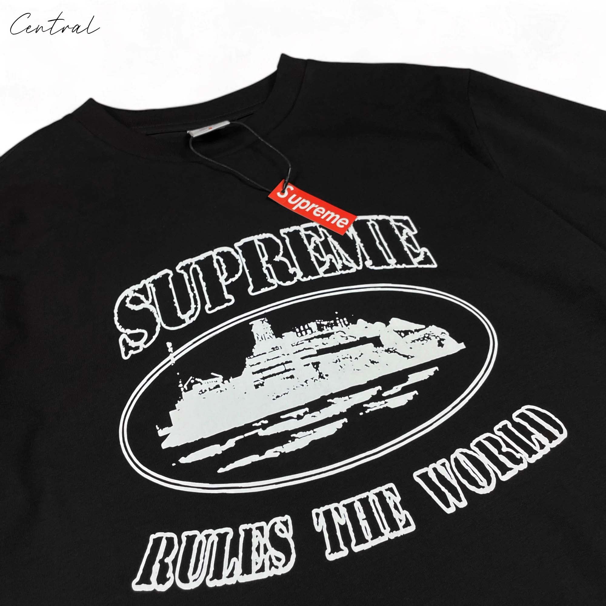 Sup Corteiz Rules The World Tee in black, featuring bold graphic text on a casual short-sleeve t-shirt by central ae.