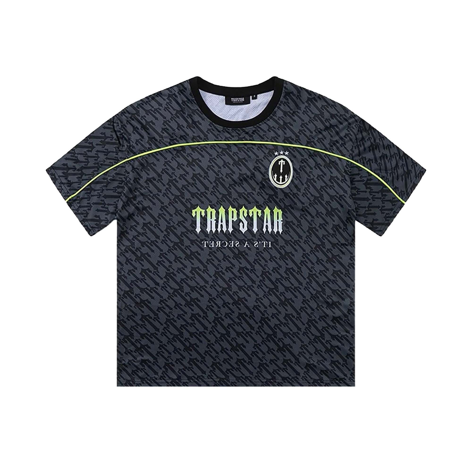 Black and lime Trapstar monogram jersey t-shirt featuring bold logo design and comfortable fit.