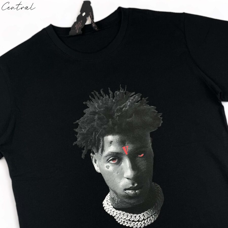 Vlone x NBA YoungBoy black T-shirt featuring bold graphic print and relaxed fit, perfect for streetwear enthusiasts.
