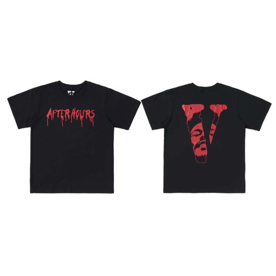 Vlone x The Weeknd After Hours T-Shirt featuring graphic design on a black fabric background.