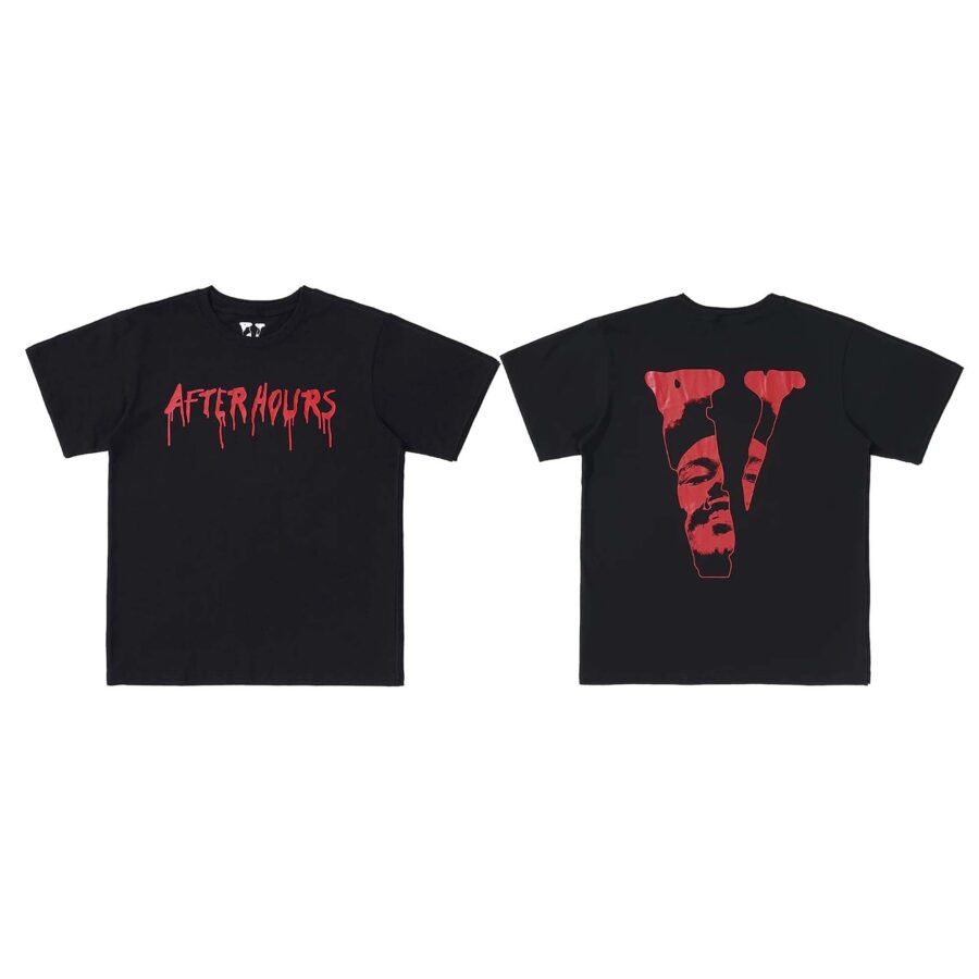 Vlone x The Weeknd After Hours T-Shirt featuring graphic design on a black fabric background.