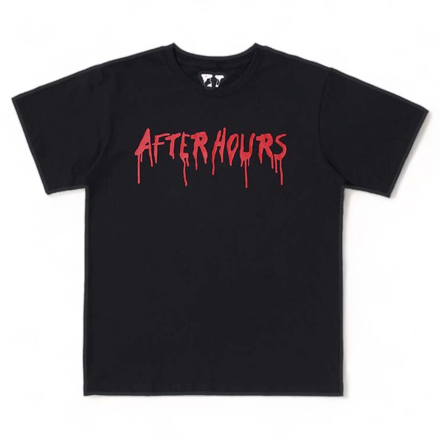 Vlone x The Weeknd After Hours T-Shirt in black with graphic design, showcasing front and back details.