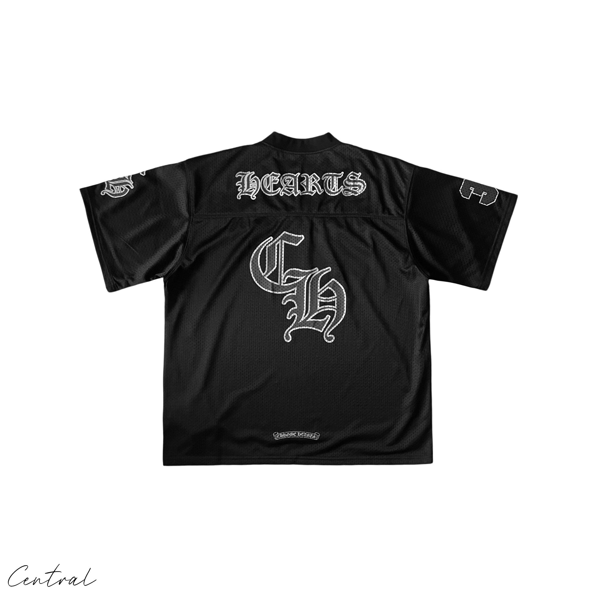 Chrome Hearts mesh stadium jersey set featuring a t-shirt and shorts by Central ae in a stylish design.