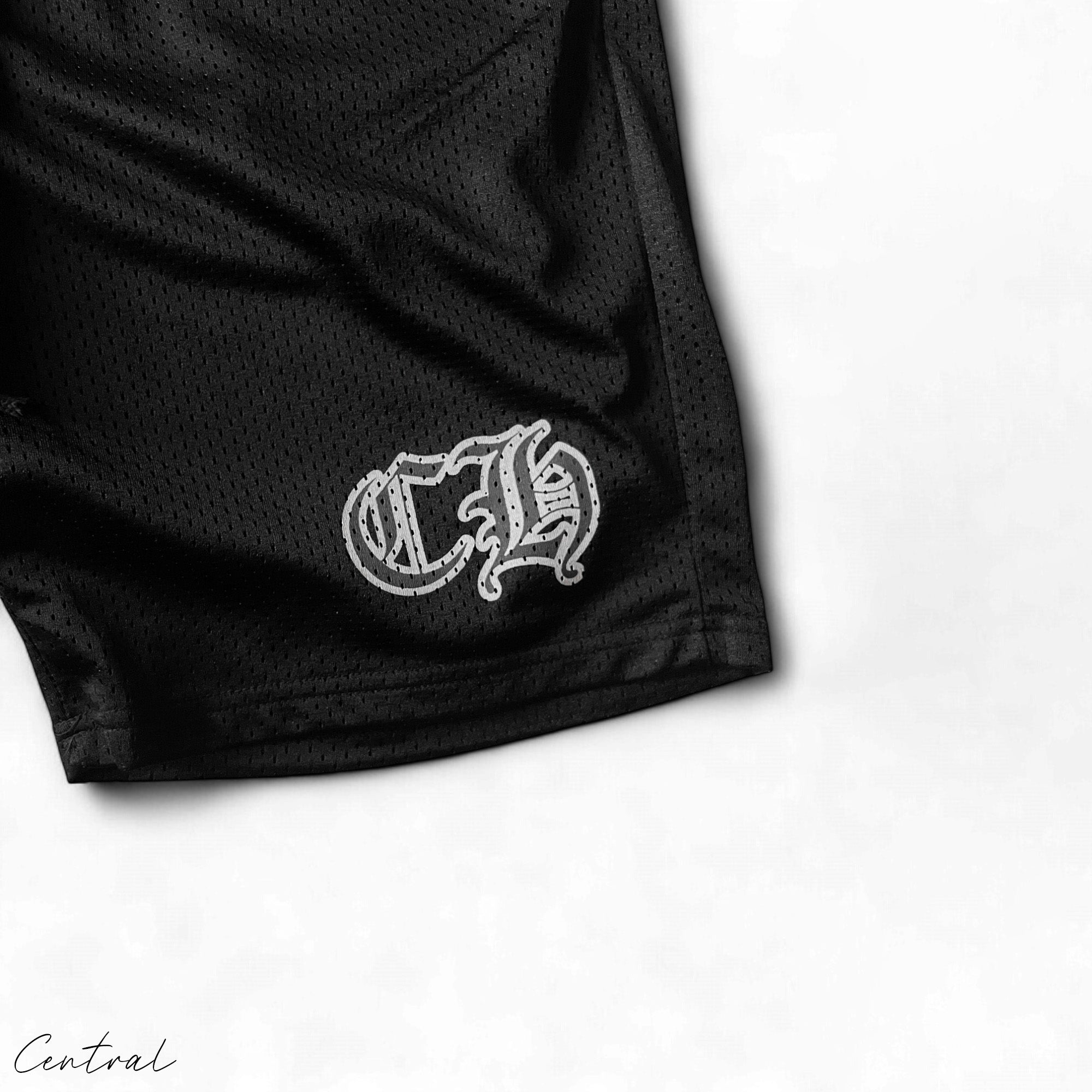 Chrome Hearts mesh stadium jersey set featuring a t-shirt and shorts by Central ae, displayed on a neutral background.