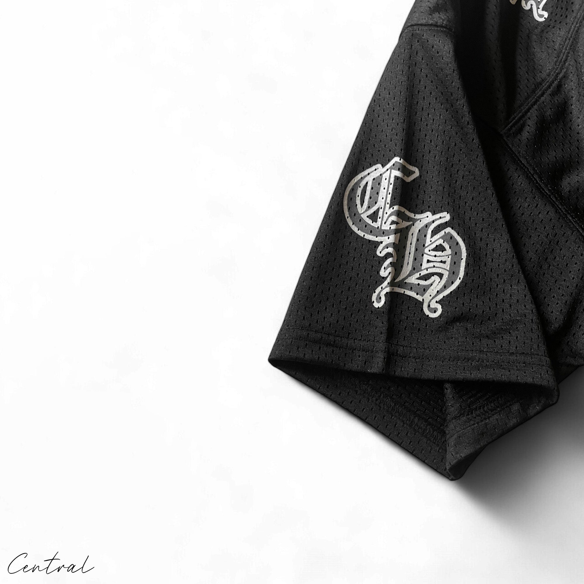Chrome Hearts mesh stadium jersey set featuring a T-shirt and shorts in a stylish design by Central ae.