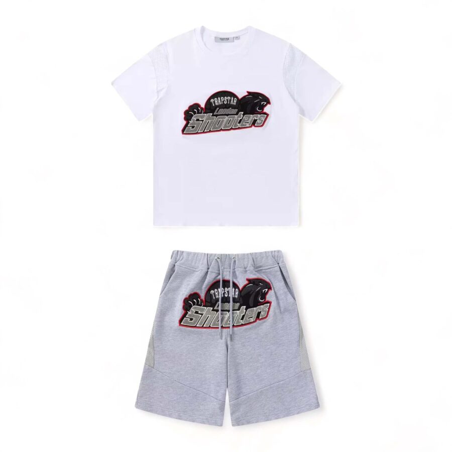 Trapstar Shooters short set featuring a stylish t-shirt and shorts in a vibrant design by Central AE.