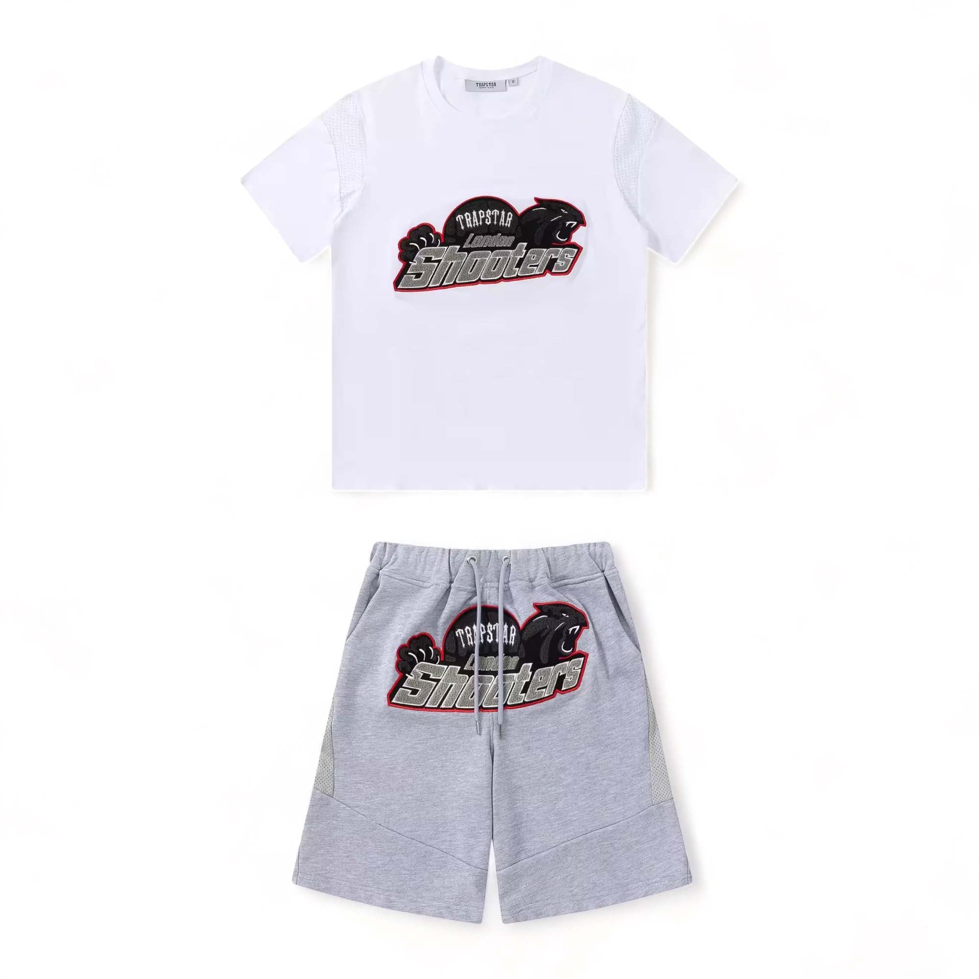 Trapstar Shooters short set featuring a stylish t-shirt and shorts in a vibrant design by Central AE.