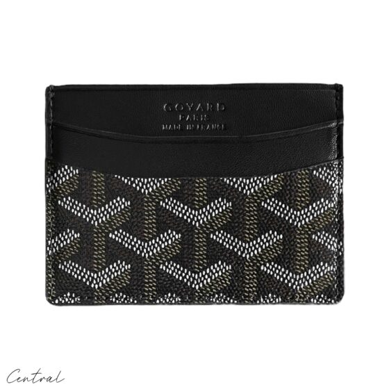 Black Goyard card holder wallet by Central ae featuring a sleek design and signature pattern.