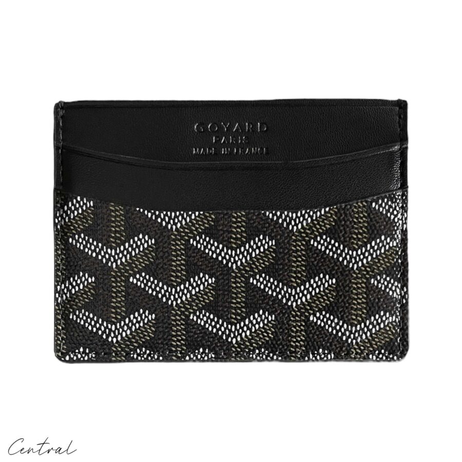 Black Goyard card holder wallet by Central ae featuring a sleek design and signature pattern.