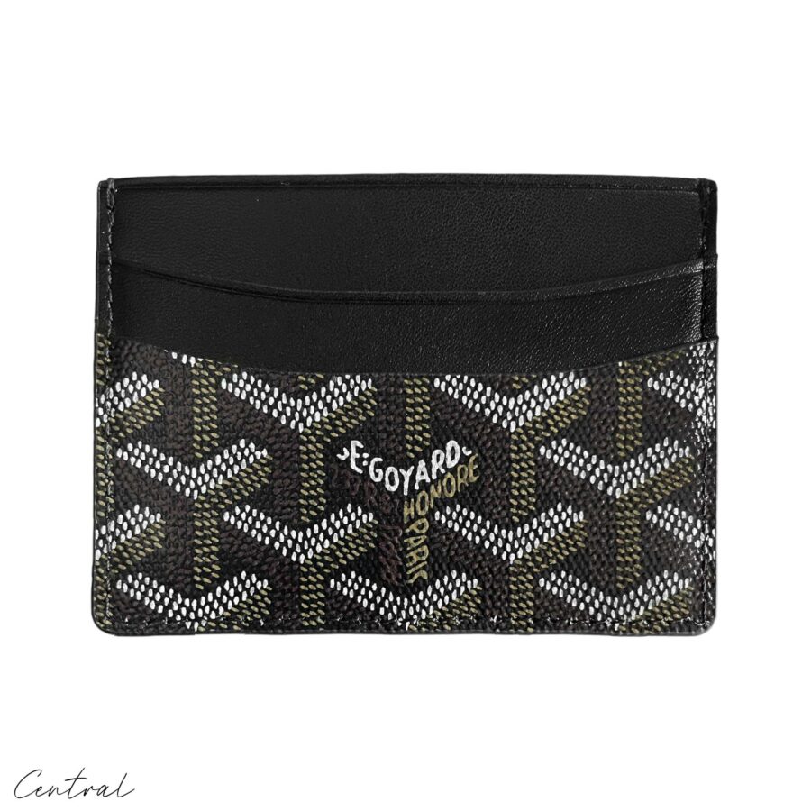 Black Goyard card holder wallet featuring a sleek design and signature pattern by Central ae.
