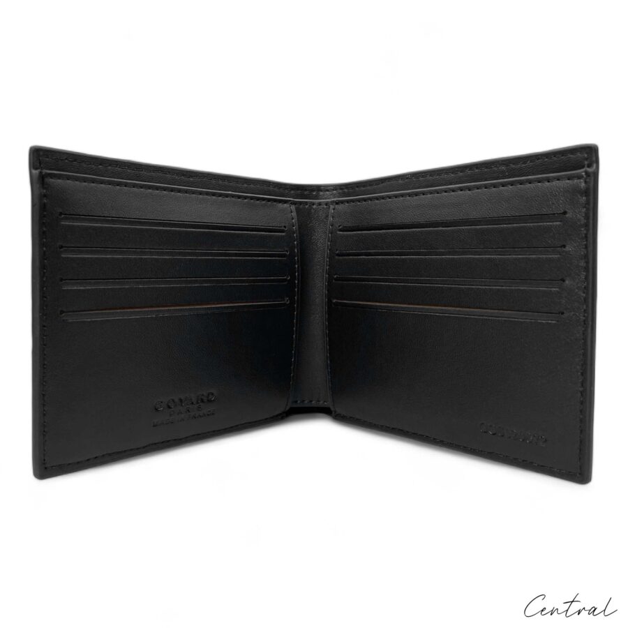 Black Goyard wallet by Central ae featuring a sleek design and signature pattern, displayed on a neutral background.