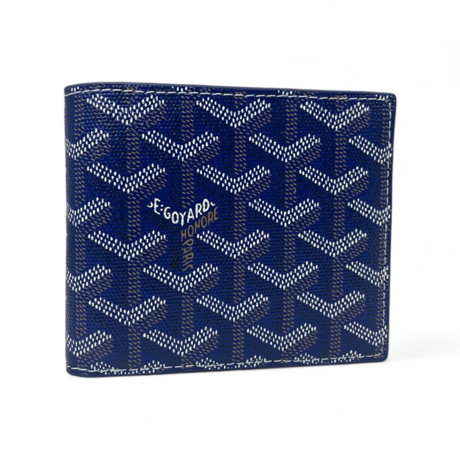 Blue Goyard wallet by Central ae featuring a sleek design and signature pattern, displayed on a neutral background.
