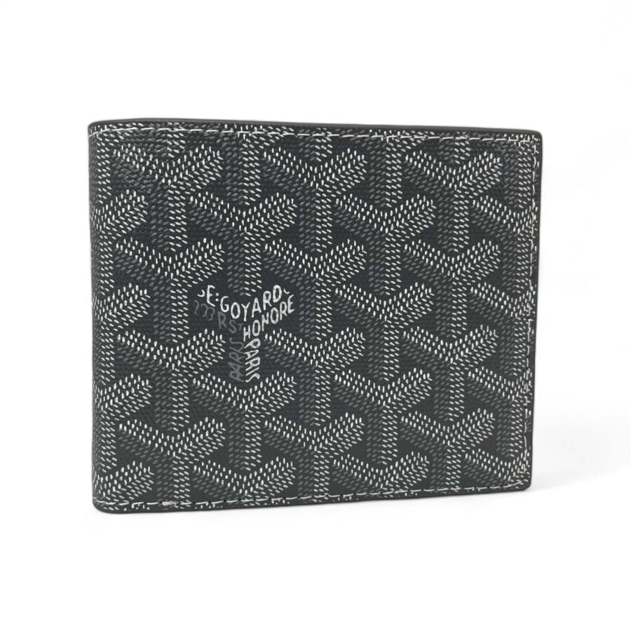 Gray Goyard wallet by Central ae featuring a sleek design and signature pattern, displayed against a neutral background.