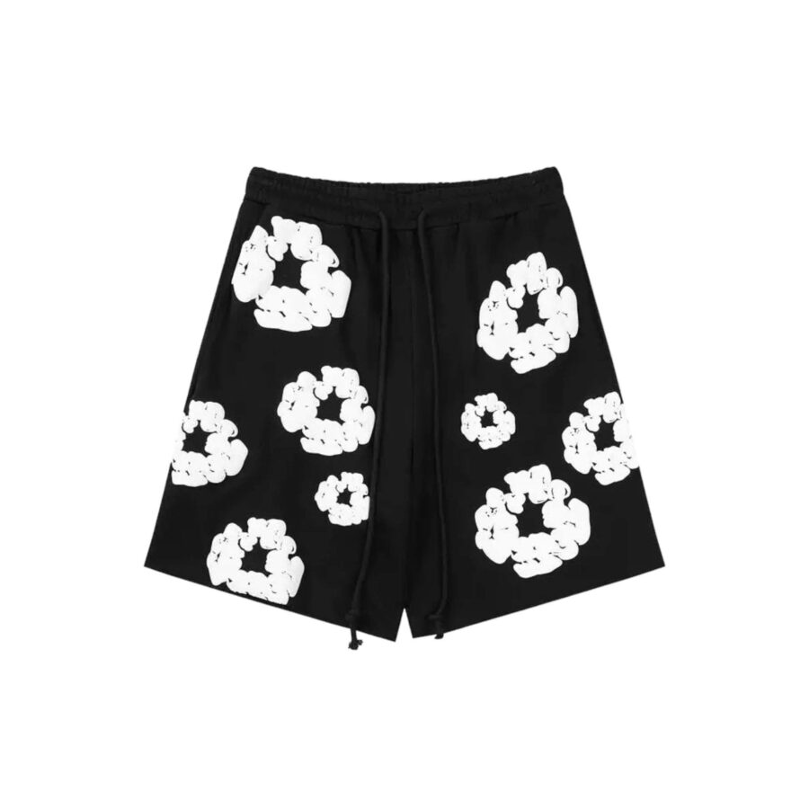 Black Denim Tears Cotton Wreath Shorts with unique floral design and relaxed fit, styled on a neutral background.