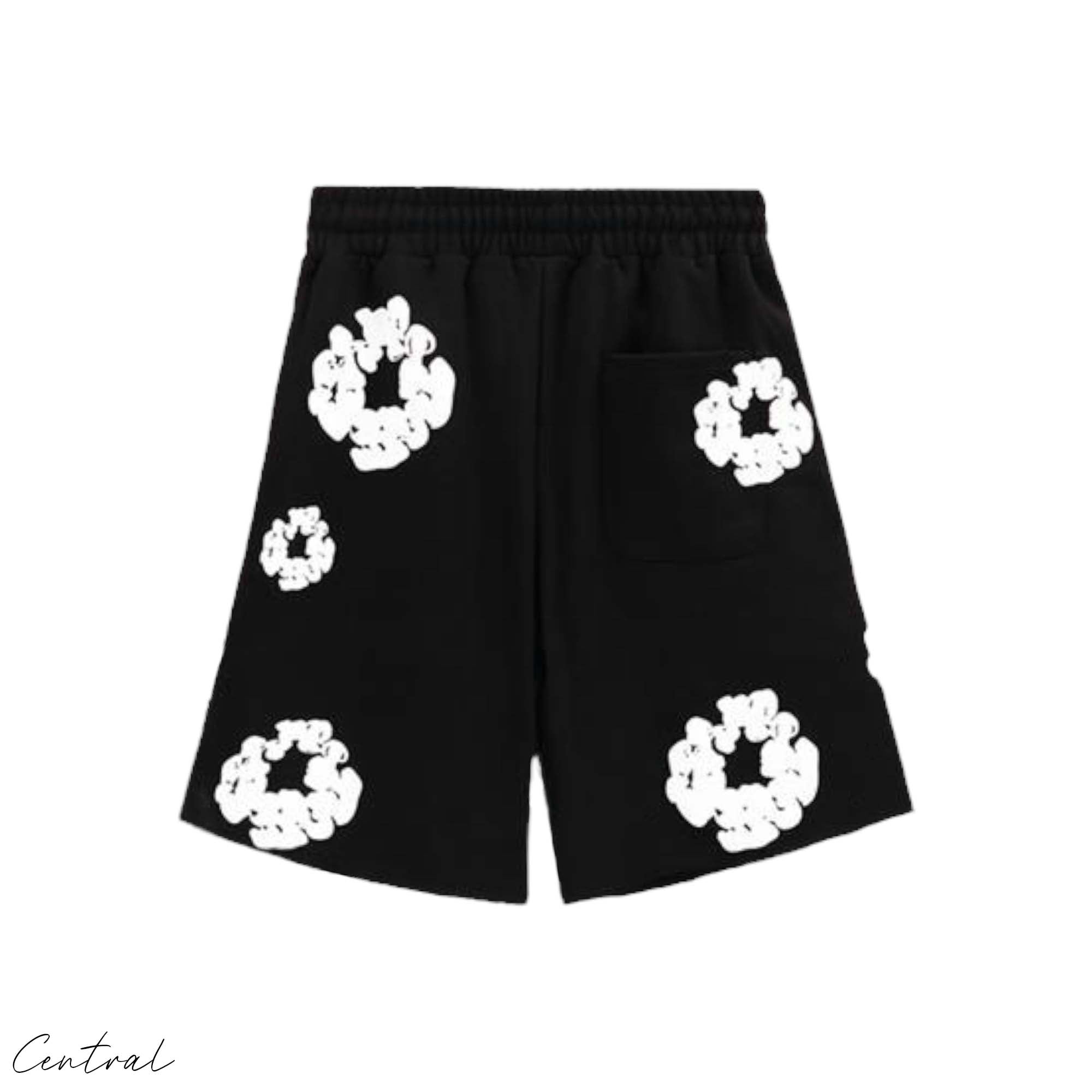 Black Denim Tears Cotton Wreath Shorts featuring a unique floral design and a comfortable fit.