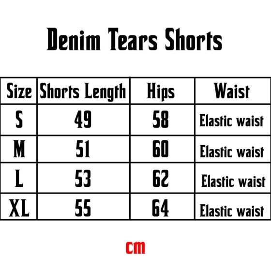 Black Denim Tears Cotton Wreath Shorts displayed on a size chart with detailed measurements for optimal fit.