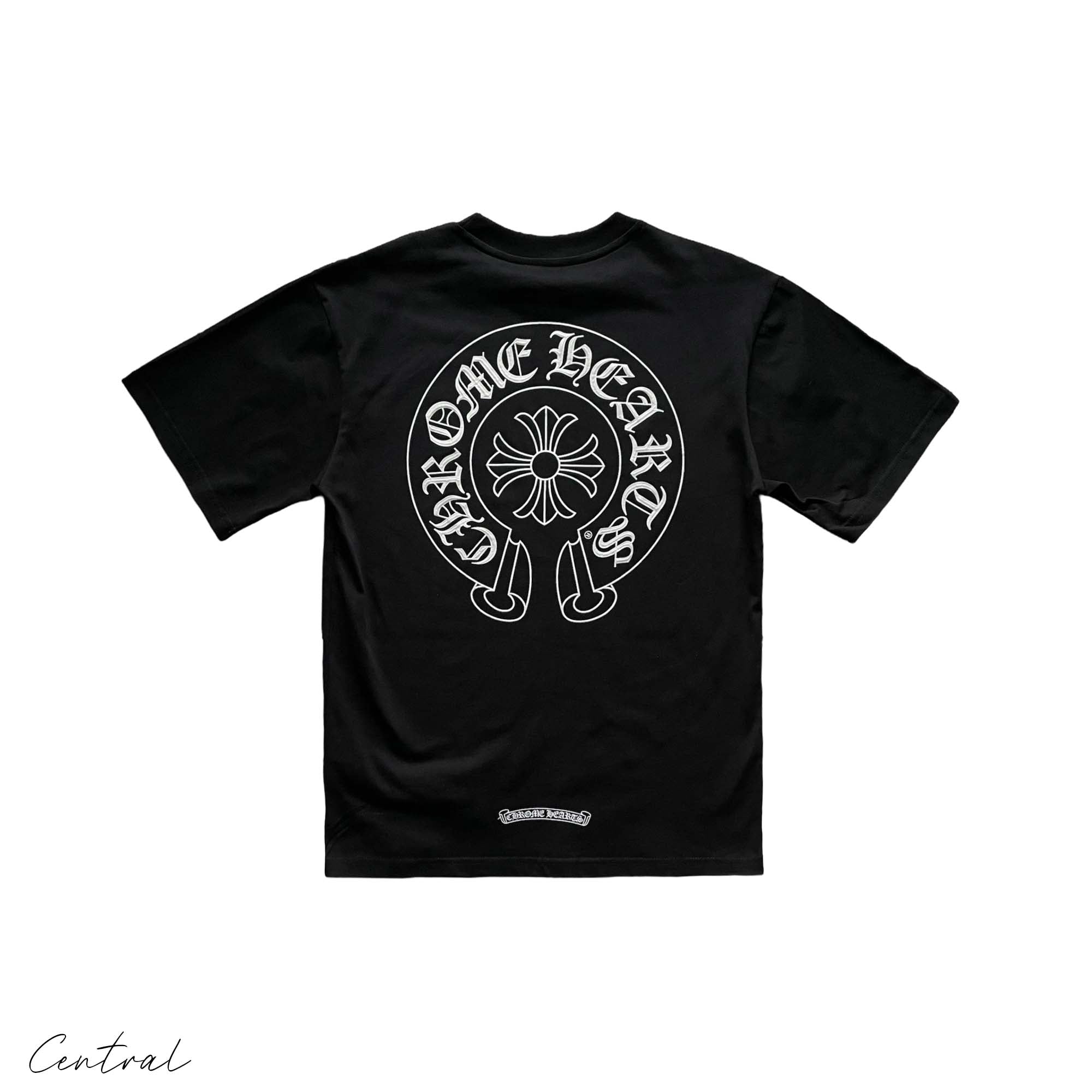 Black Chrome Hearts T-shirt featuring a distinctive horse shoe logo design on the front.