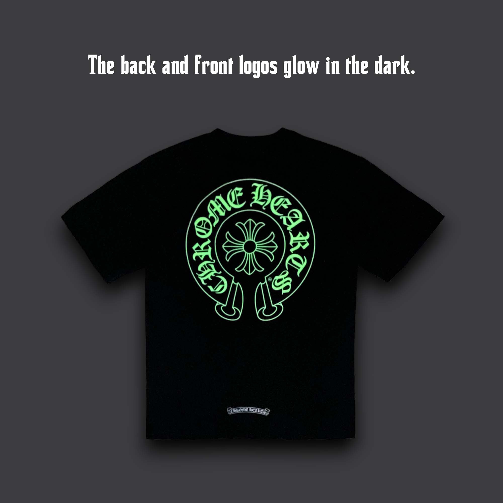 Chrome Hearts Horse Shoe Logo T-shirt featuring a unique graphic design on a black cotton fabric.