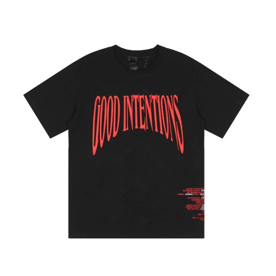 Black Nav x Vlone Good Intentions T-shirt featuring bold graphic design and relaxed fit. Perfect for casual wear.