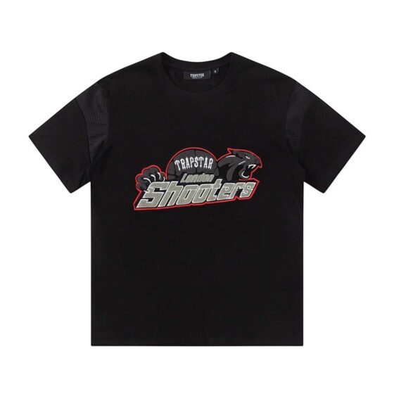 Trapstar black and red shooters short set featuring a stylish t-shirt and shorts for a comfortable, casual look.