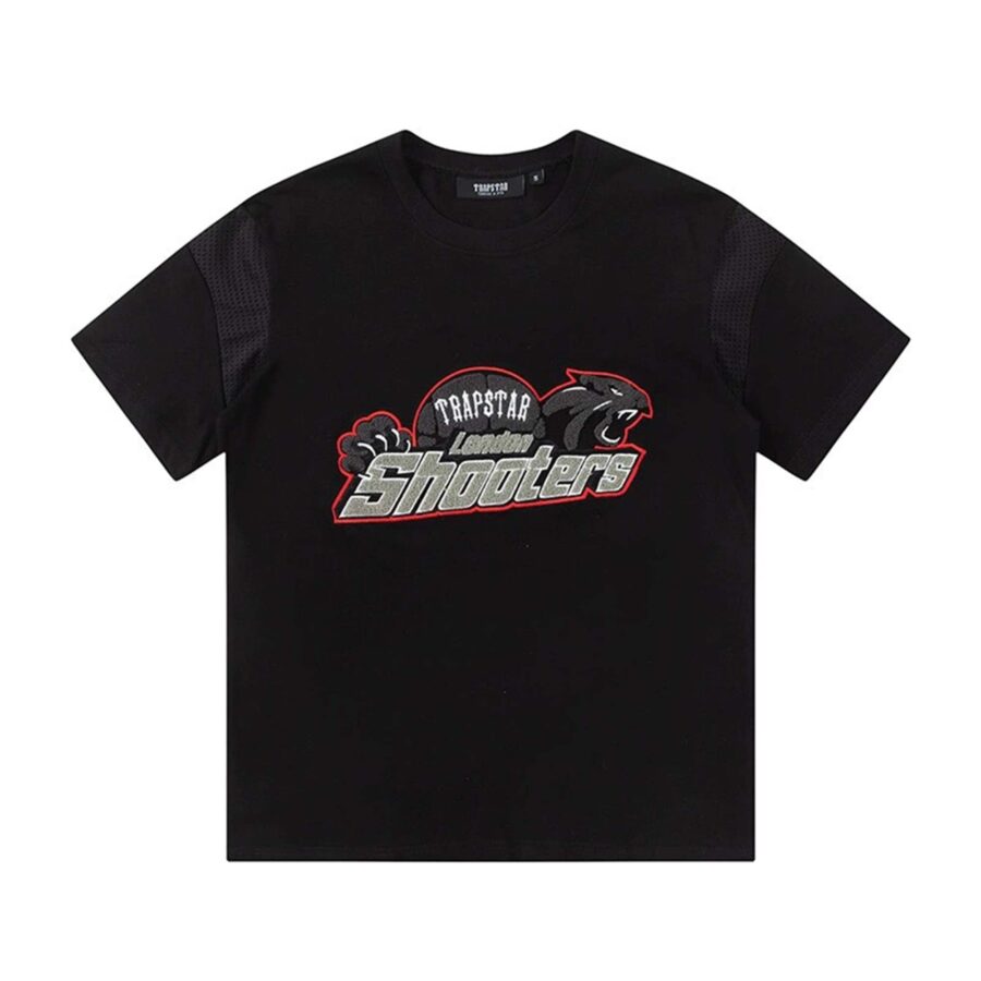Trapstar black and red shooters short set featuring a stylish t-shirt and shorts for a comfortable, casual look.