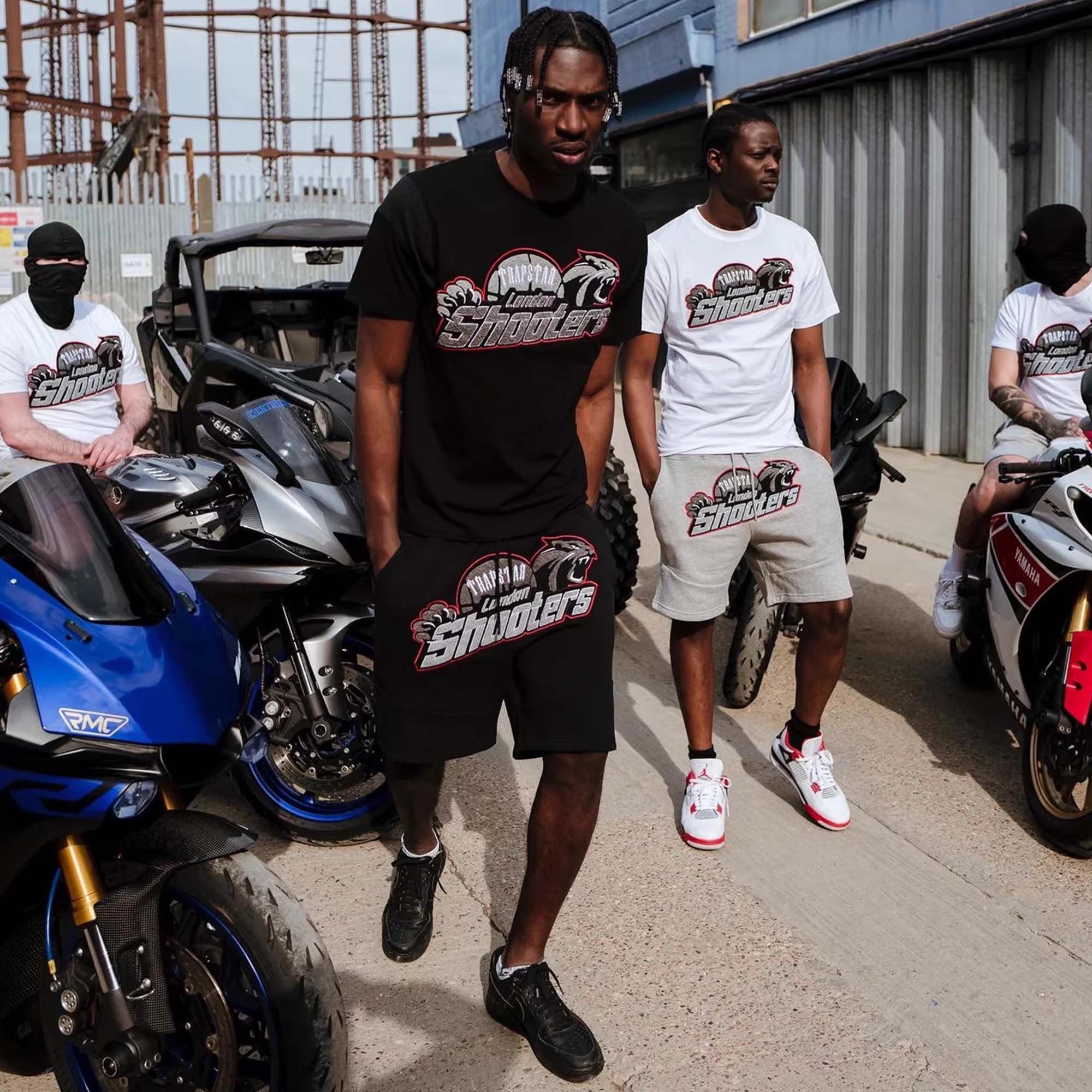 Black and red Trapstar shooters short set featuring a stylish t-shirt and matching shorts.
